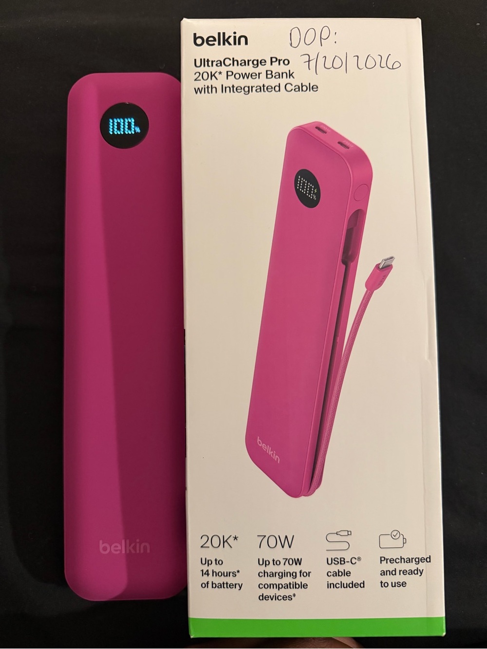 Belkin Pink UltraCharge Pro 20K Power Bank with Integrated Cable